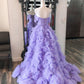 A Line Tulle Off-the-Shoulder Tiered Long Prom Dress with Ruffles Pure Color