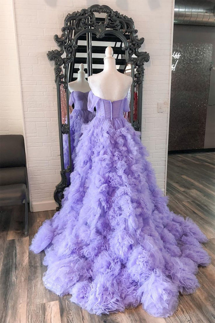 A Line Tulle Off-the-Shoulder Tiered Long Prom Dress with Ruffles Pure Color