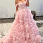 A Line Tulle Off-the-Shoulder Tiered Long Prom Dress with Ruffles Pure Color