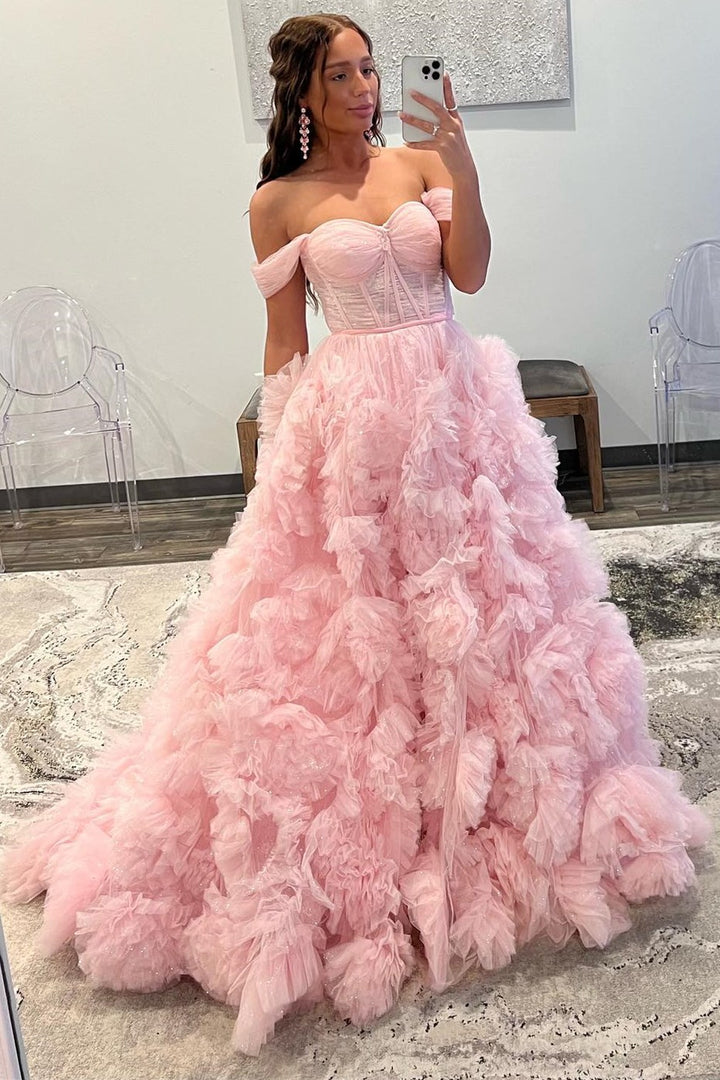 A Line Tulle Off-the-Shoulder Tiered Long Prom Dress with Ruffles Pure Color