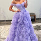 A Line Tulle Off-the-Shoulder Tiered Long Prom Dress with Ruffles Pure Color