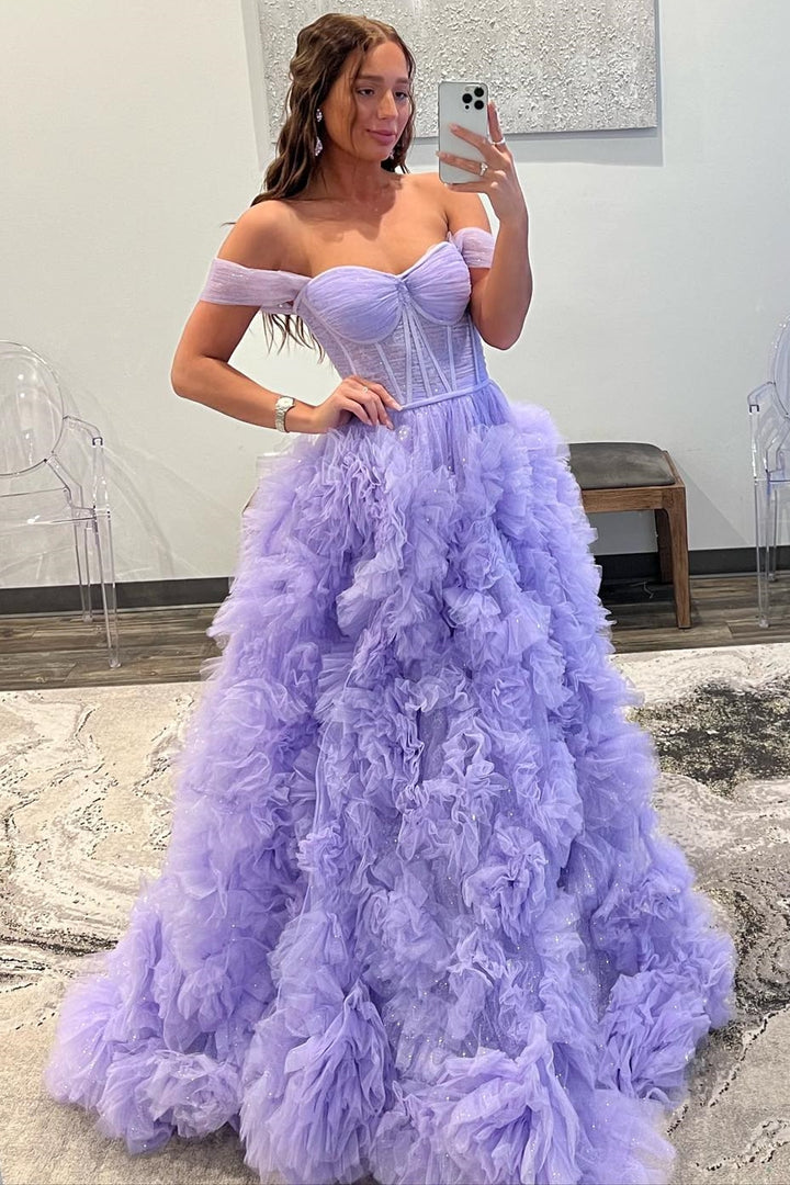 A Line Tulle Off-the-Shoulder Tiered Long Prom Dress with Ruffles Pure Color