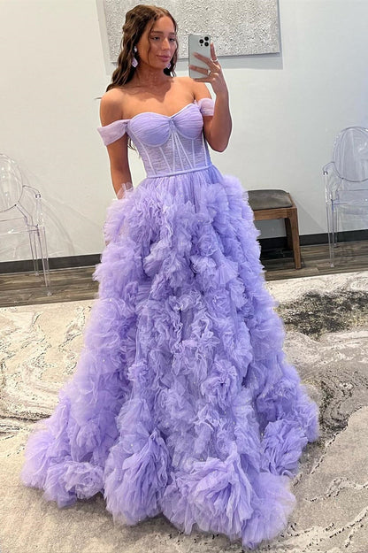 A Line Tulle Off-the-Shoulder Tiered Long Prom Dress with Ruffles Pure Color