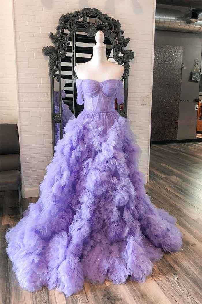 A Line Tulle Off-the-Shoulder Tiered Long Prom Dress with Ruffles Pure Color