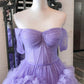 A Line Tulle Off-the-Shoulder Tiered Long Prom Dress with Ruffles Pure Color