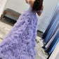 A Line Tulle Off-the-Shoulder Tiered Long Prom Dress with Ruffles Pure Color