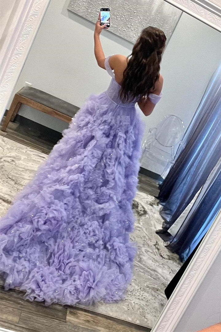 A Line Tulle Off-the-Shoulder Tiered Long Prom Dress with Ruffles Pure Color