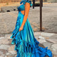 A-Line V Neck Cutout Ruffle Tiered Long Prom Dress with Slit Sexy