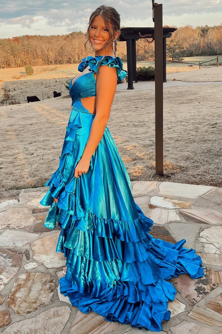 A-Line V Neck Cutout Ruffle Tiered Long Prom Dress with Slit Sexy