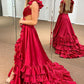 A-Line V Neck Cutout Ruffle Tiered Long Prom Dress with Slit Sexy