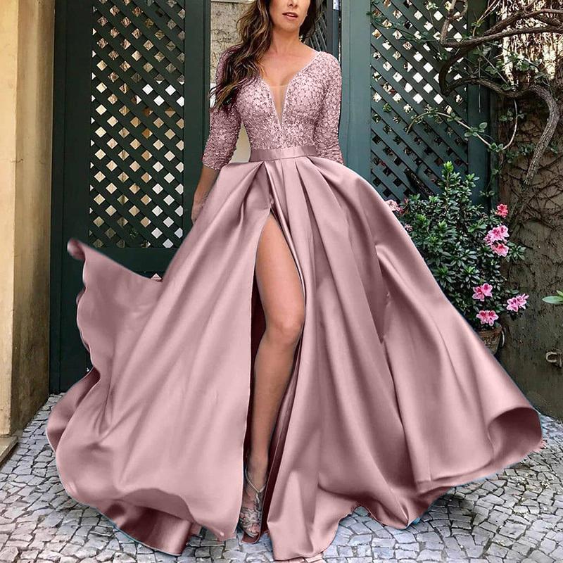 A Line V Neck Half Sleeves Plus Size Prom Dresses With High Side Slit Sexy