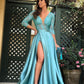 A Line V Neck Half Sleeves Plus Size Prom Dresses With High Side Slit Sexy