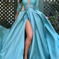 A Line V Neck Half Sleeves Plus Size Prom Dresses With High Side Slit Sexy