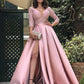 A Line V Neck Half Sleeves Plus Size Prom Dresses With High Side Slit Sexy