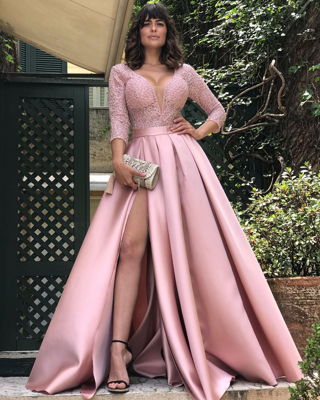 A Line V Neck Half Sleeves Plus Size Prom Dresses With High Side Slit Sexy