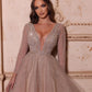 A-Line V-Neck Long Sleeves Tulle Crystal Sequined Beading Prom Dresses Sexy Evening Dresses