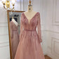 A-Line V-Neck Long Sleeves Tulle Crystal Sequined Beading Prom Dresses Sexy Evening Dresses