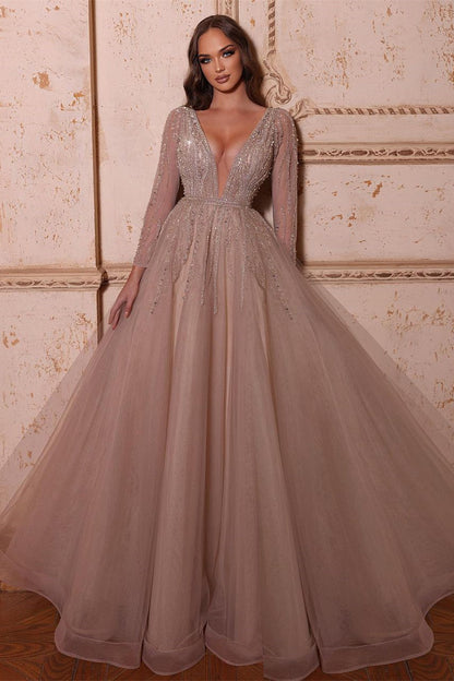 A-Line V-Neck Long Sleeves Tulle Crystal Sequined Beading Prom Dresses Sexy Evening Dresses