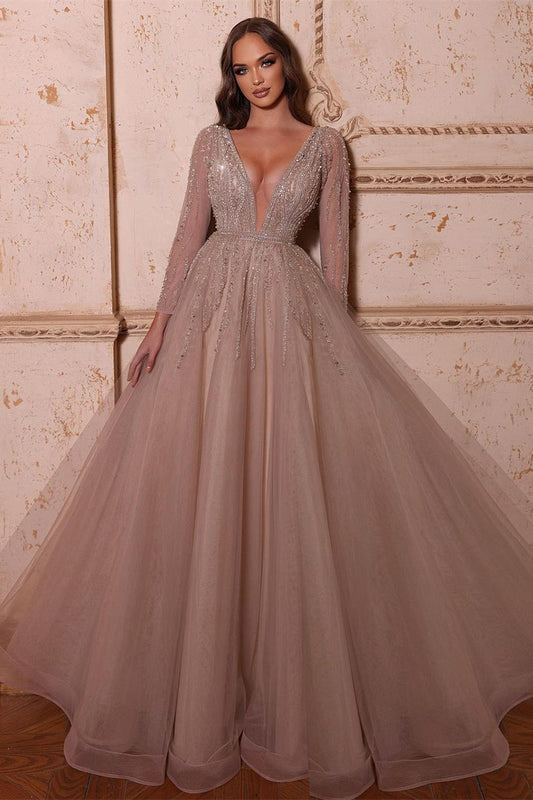 A-Line V-Neck Long Sleeves Tulle Crystal Sequined Beading Prom Dresses Sexy Evening Dresses