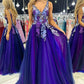 A Line V Neck Tulle Lace Appliques Backless Sleeveless Prom Dresses Beautiful