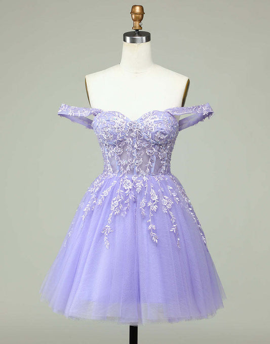 Lilac A-Line Off The Shoulder Short Tulle Dress With Appliques
