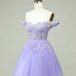 Lilac A-Line Off The Shoulder Short Tulle Dress With Appliques
