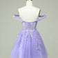 Lilac A-Line Off The Shoulder Short Tulle Dress With Appliques