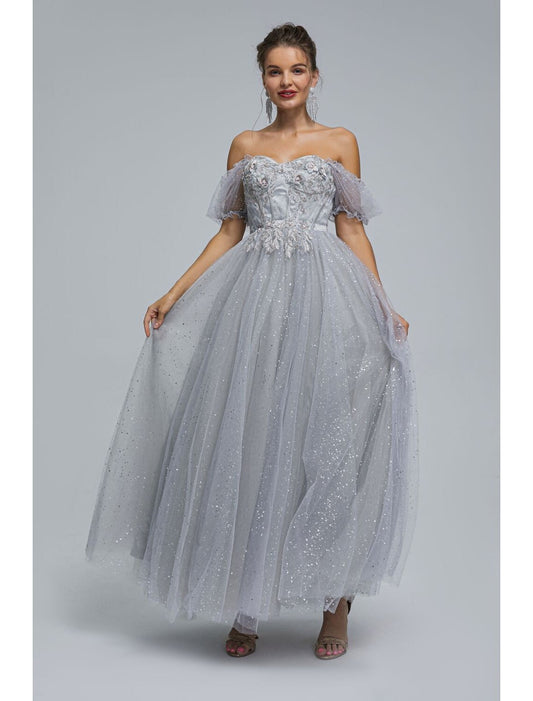 A-Line Prom Dresses Princess Dress Quinceanera Tea Length Short Sleeve Off Shoulder Tulle with Sequin