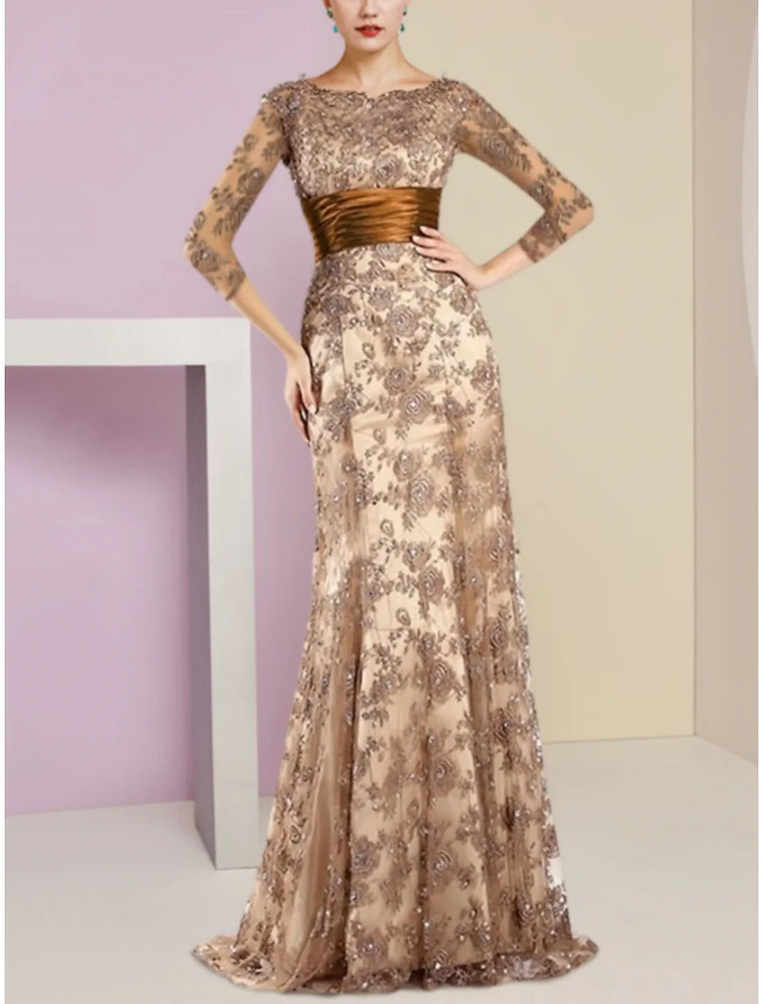 A-Line Mother of the Bride Dress Elegant Scoop Neck 3/4 Length Sleeve Lace Wedding Guest Dress