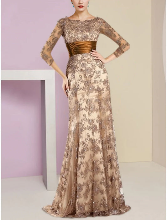 A-Line Mother of the Bride Dress Elegant Scoop Neck 3/4 Length Sleeve Lace Wedding Guest Dress