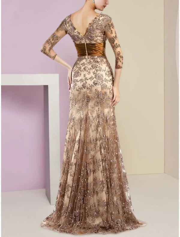 A-Line Mother of the Bride Dress Elegant Scoop Neck 3/4 Length Sleeve Lace Wedding Guest Dress