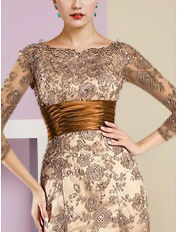 A-Line Mother of the Bride Dress Elegant Scoop Neck 3/4 Length Sleeve Lace Wedding Guest Dress