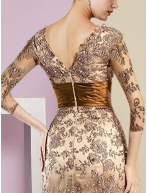 A-Line Mother of the Bride Dress Elegant Scoop Neck 3/4 Length Sleeve Lace Wedding Guest Dress