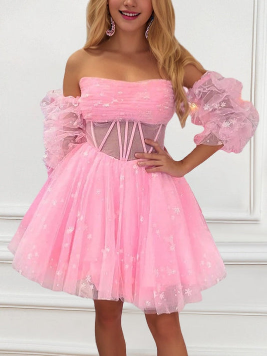 A-Line/Princess Strapless Detachable Balloon Sleeves Short/Mini Party Dance Cocktail Homecoming Dress With Pleats Pink