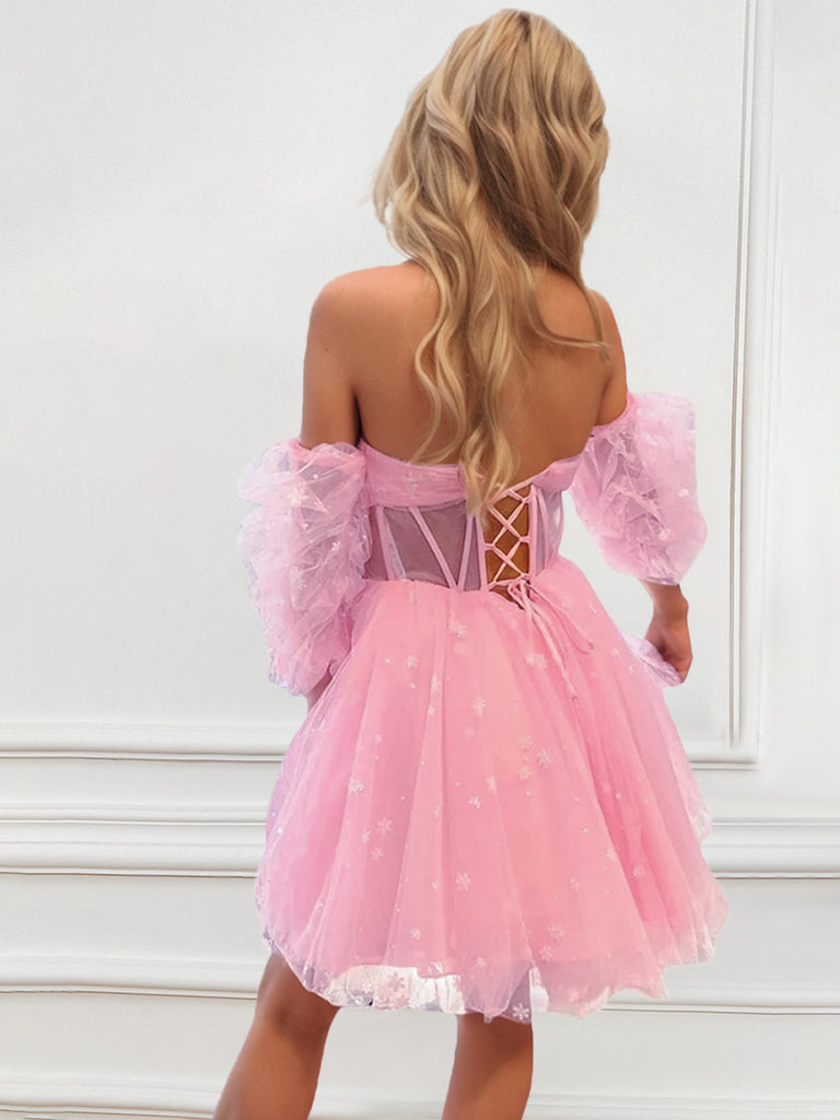 A-Line/Princess Strapless Detachable Balloon Sleeves Short/Mini Party Dance Cocktail Homecoming Dress With Pleats Pink
