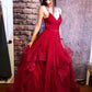 A line Red Ruffles Spaghetti Straps V Neck Prom Dresses Backless Long Evening Dresses Sparkly