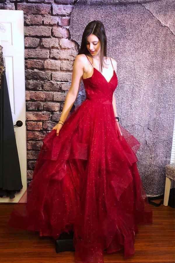 A line Red Ruffles Spaghetti Straps V Neck Prom Dresses Backless Long Evening Dresses Sparkly