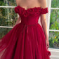 A-line Tulle Burgundy Short Sleeve Off-the-Shoulder Scoop Hand-Made Flower Prom Dresses With Slit