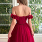 A-line Tulle Burgundy Short Sleeve Off-the-Shoulder Scoop Hand-Made Flower Prom Dresses With Slit