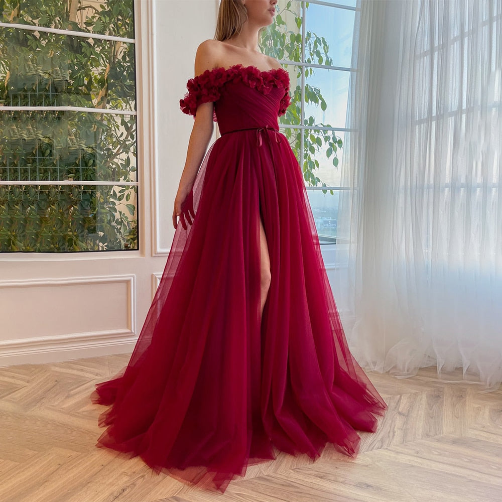 A-line Tulle Burgundy Short Sleeve Off-the-Shoulder Scoop Hand-Made Flower Prom Dresses With Slit