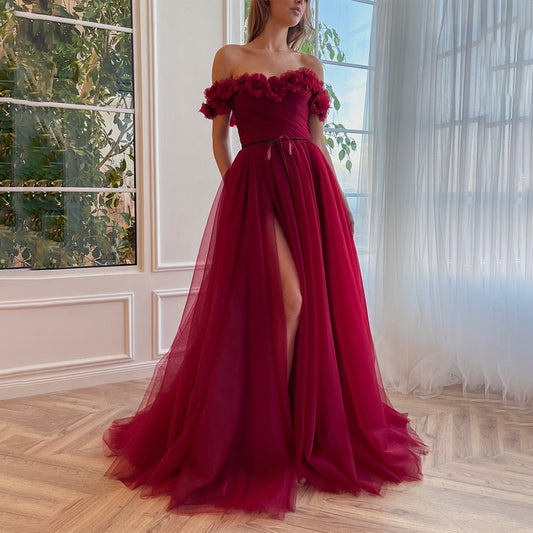 A-line Tulle Burgundy Short Sleeve Off-the-Shoulder Scoop Hand-Made Flower Prom Dresses With Slit