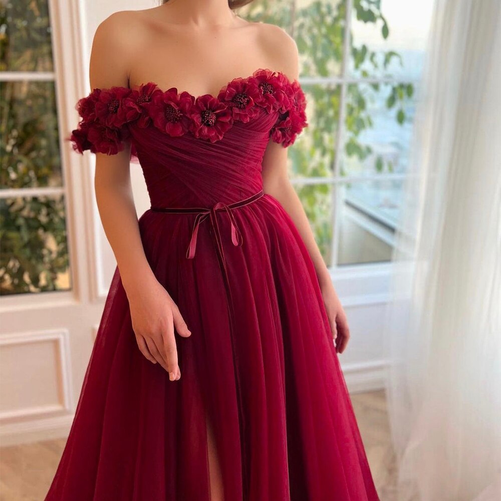 A-line Tulle Burgundy Short Sleeve Off-the-Shoulder Scoop Hand-Made Flower Prom Dresses With Slit