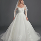 Ball Gown Wedding Dresses Illusion Neck Chapel Train Lace Tulle Long Sleeve Glamorous See-Through Illusion Detail with Buttons
