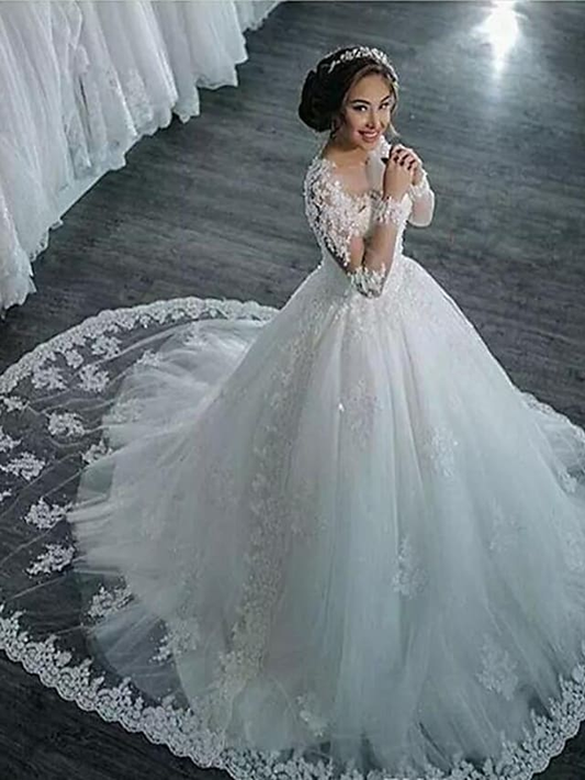A-Line Wedding Dresses High Neck Court Train Lace Long Sleeve Country Glamorous Backless Illusion Sleeve