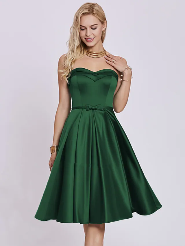 A-Line Minimalist Elegant Engagement Cocktail Party Dress Strapless Sleeveless Knee Length Satin with Bow(s)