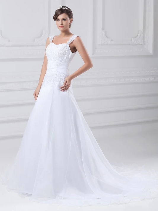 A-Line Wedding Dresses Square Neck Chapel Train Lace Organza Satin Regular Straps with Beading