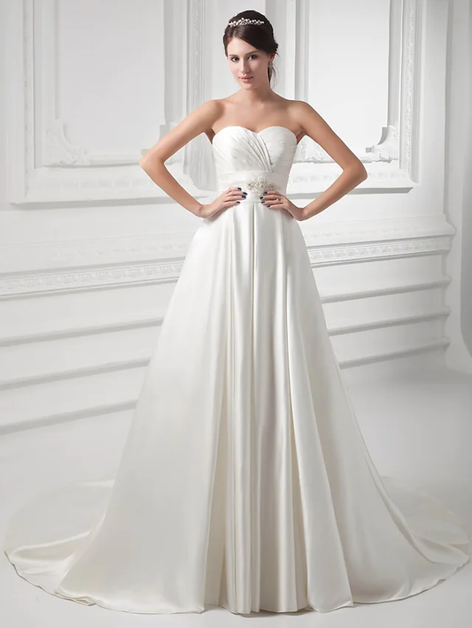 A-Line Wedding Dresses Sweetheart Neckline Court Train Satin Strapless with Buttons Ruched