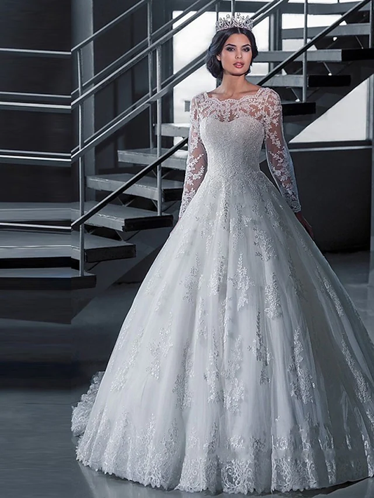A-Line Wedding Dresses Off Shoulder Court Train Lace Tulle Long Sleeve Formal Sexy Illusion Sleeve with Appliques Beautiful