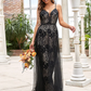 A-Line Wedding Dresses V Neck Plunging Neck Floor Length Lace Tulle Sleeveless Romantic Simple Sexy Black with Lace