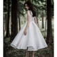 A-Line Wedding Dresses Jewel Neck Tea Length Chiffon Over Satin Cap Sleeve Simple Casual Little White Dress Pure Color